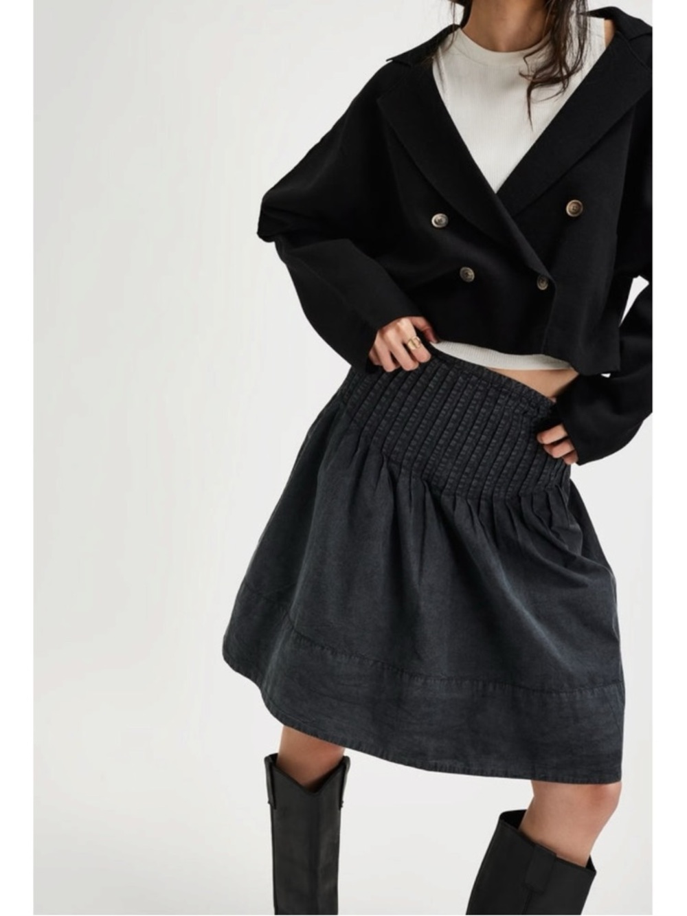 Free People Dainty Bohemian Peyton Pintuck Midi Skirt Washed Black Size 14 - Picture 5 of 16